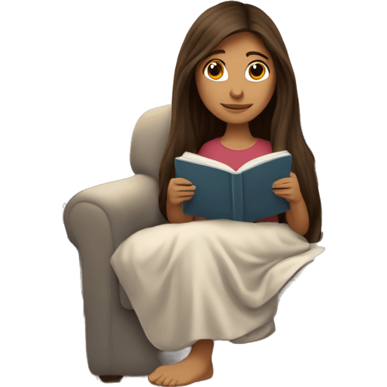 Brunette straight long haired girl reading a book on a couch with a side table that has a lamp on it. She is under a blanket, cozy and comfortable emoji