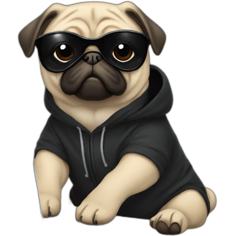 Pug wearing a black hoodie and sunglasses and using a laptop emoji