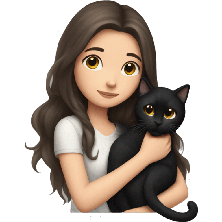 brunette girl with long hair snuggling black cat emoji