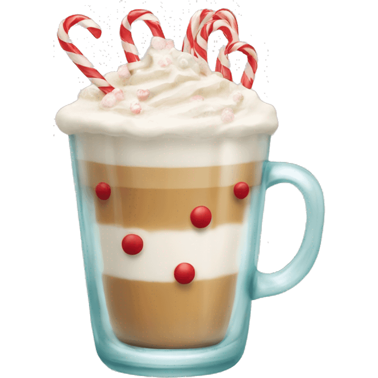 A glass with latte inside with small candy canes ornaments on the glass emoji