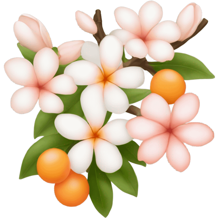 symbols featuring peach blossoms, jasmine flowers, and orange blossoms. Incorporate soft pinks, whites, and warm orange tones to convey a romantic and dreamy feel. emoji