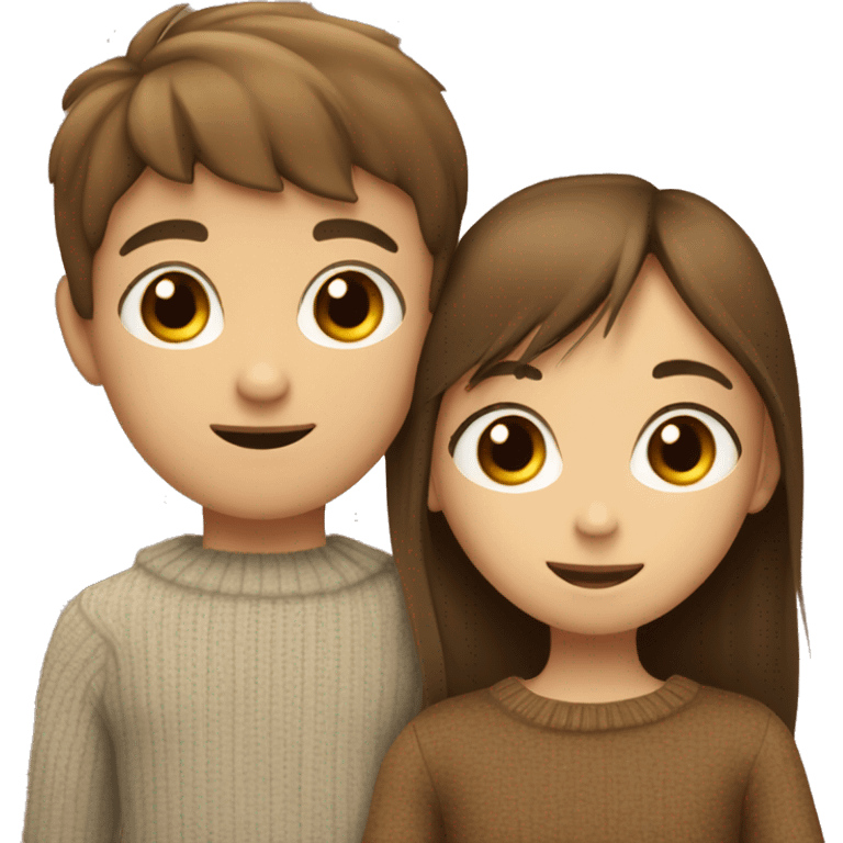 a young boy with brown hair and brown eyes in love hugging a thin girl with brown middle straight hair and fringe with big brown eyes and a sweater on.  emoji