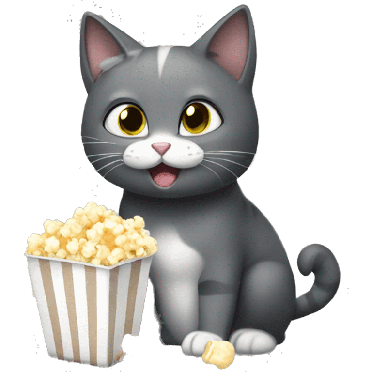 Dark gray and white cat eating popcorn emoji