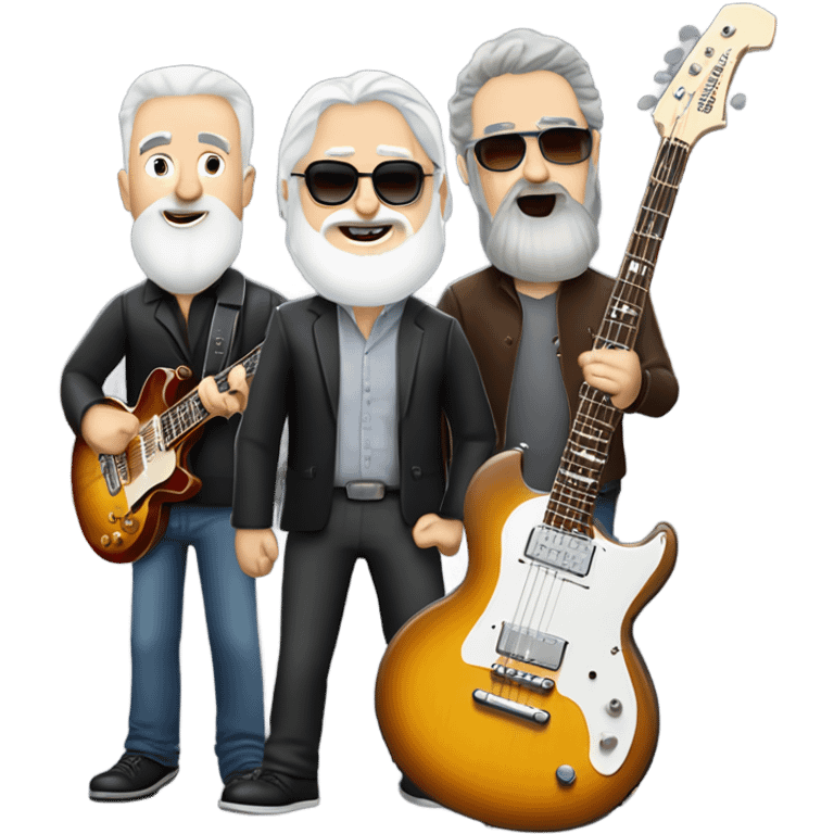 Three white mature musicians. one on a Gibson Les Paul guitar with a beard, one on a Fender Precision bass that is very tall and one playing banjo with a short gray beard emoji