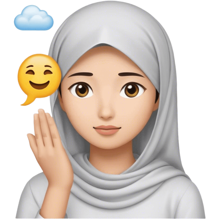 a white young asian Muslim woman are thinking something. Her eyes rolling to up right. Her hand touching face. There's emoji cloud to describe what she thinking about. emoji