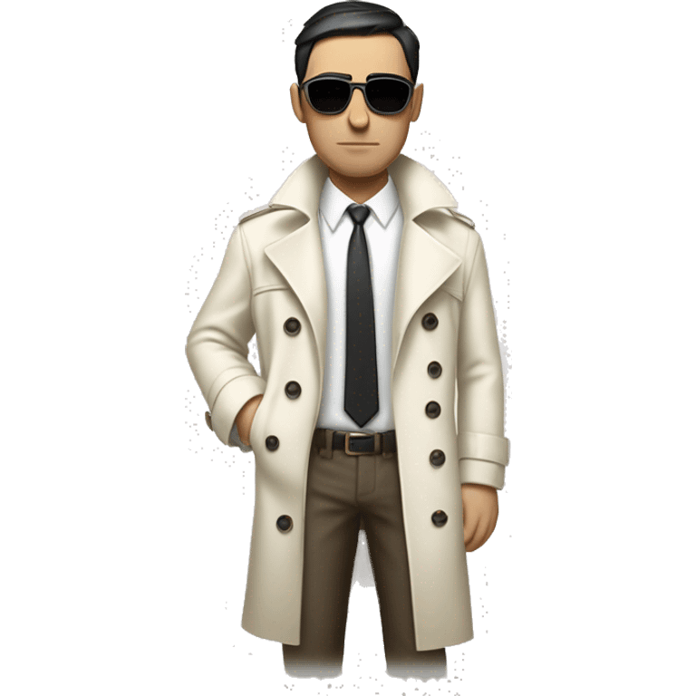 <excerpt>
A white man with real short Black hair, short mutton shops donning small red tinted sun glasses in a dirty white trench coat, is serious.
</excerpt> emoji