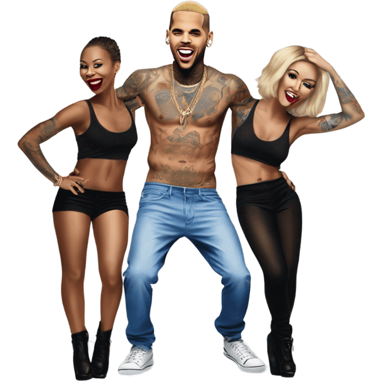 Hyper Realistic Chris Brown   dancing with 3 tattooed female dancers emoji