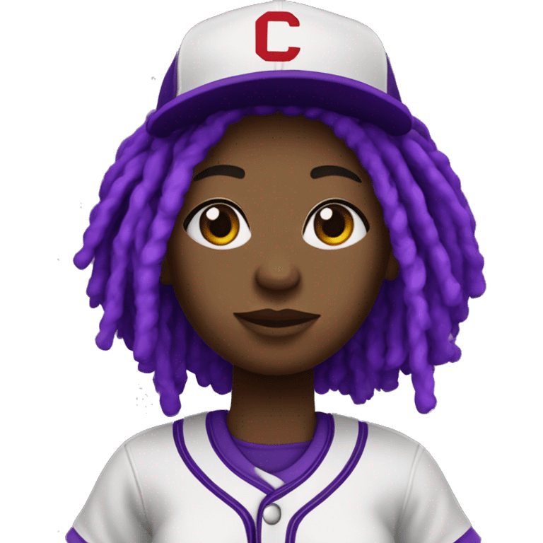 baseball card character. black girl. dread locs. overweight. letter C logo. Purple and white uniform.  emoji