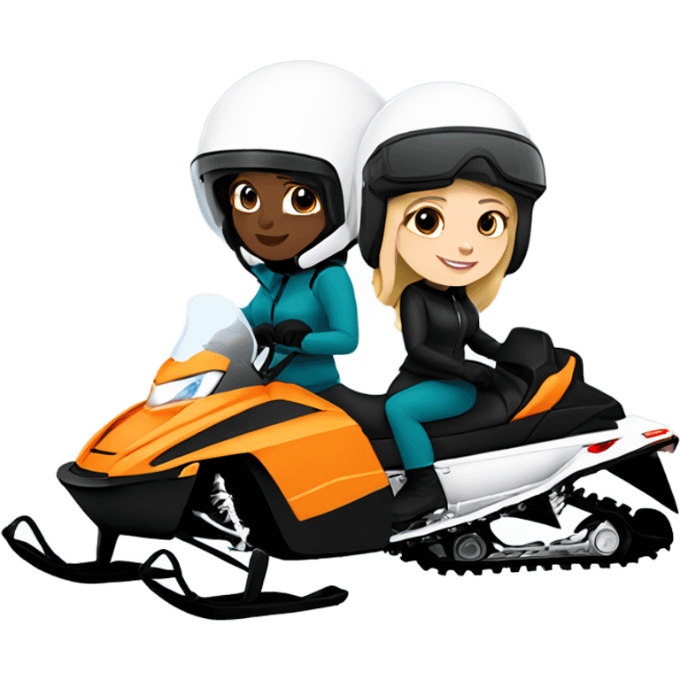 two white girls snowmobiling, one with a helmet and face shield on emoji