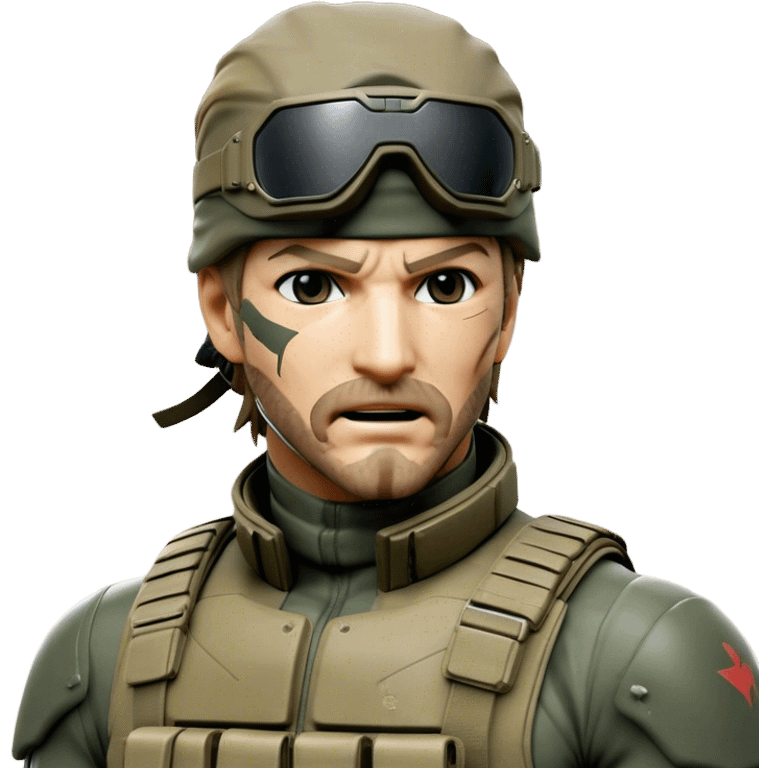 Cinematic Realistic Metal Gear Solid Snake Soldier Portrait, head tilted dramatically with an exaggeratedly amused expression, blending stealthy seriousness with a touch of unexpected humor. His rugged features, set against intricately detailed tactical gear in muted earth tones, are rendered with lifelike texture and dynamic lighting, high shine, dramatic yet whimsical, capturing the essence of a soldier whose epic covert skills are matched by a playful, irreverent spark. emoji