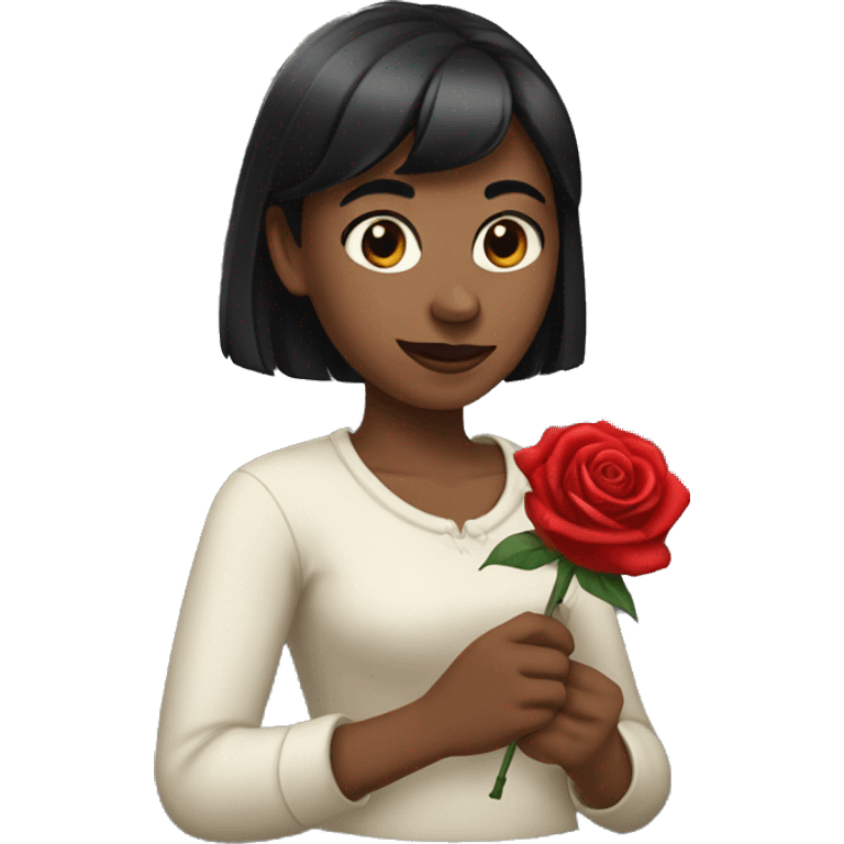 A women named rose, with dark hair bangs and holding a red red rose in one hand emoji