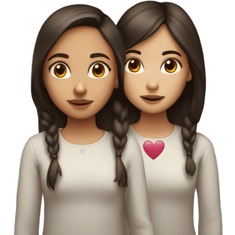 Two girls are friends, both brown-eyed, dark-haired, with fair skin. One has rounder eyes, the other has fox eyes. And the hearts emoji