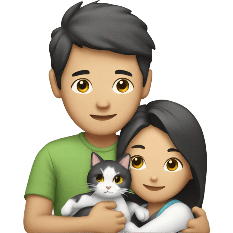 asian couple hugging with a cat emoji