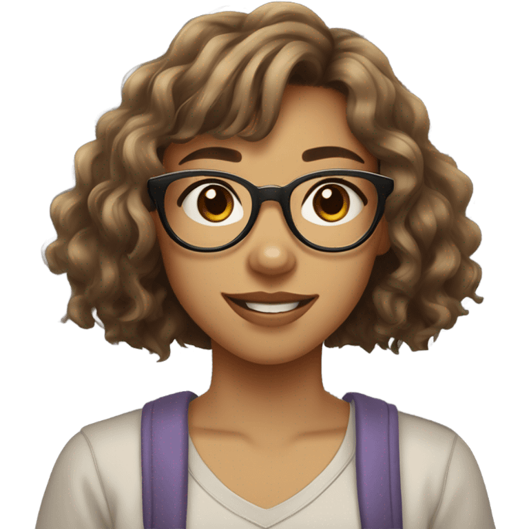 A 14-year-old girl with light brown glasses, nose piercings (ball on the left, ring on the right), wavy brown hair with bangs, light skin, normal features, and her Brazilian mixed-breed dog beside her. emoji