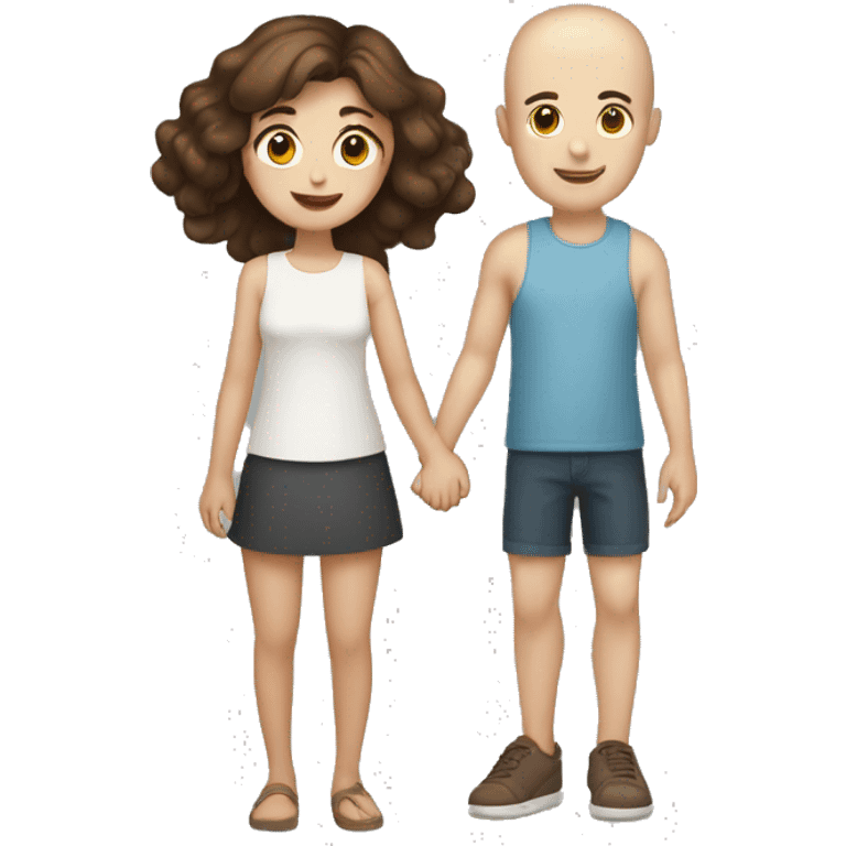 Two girls and one guy holding hands, both girls white skin, one girl brown hair, other girl no hair, guy has short brown hair emoji