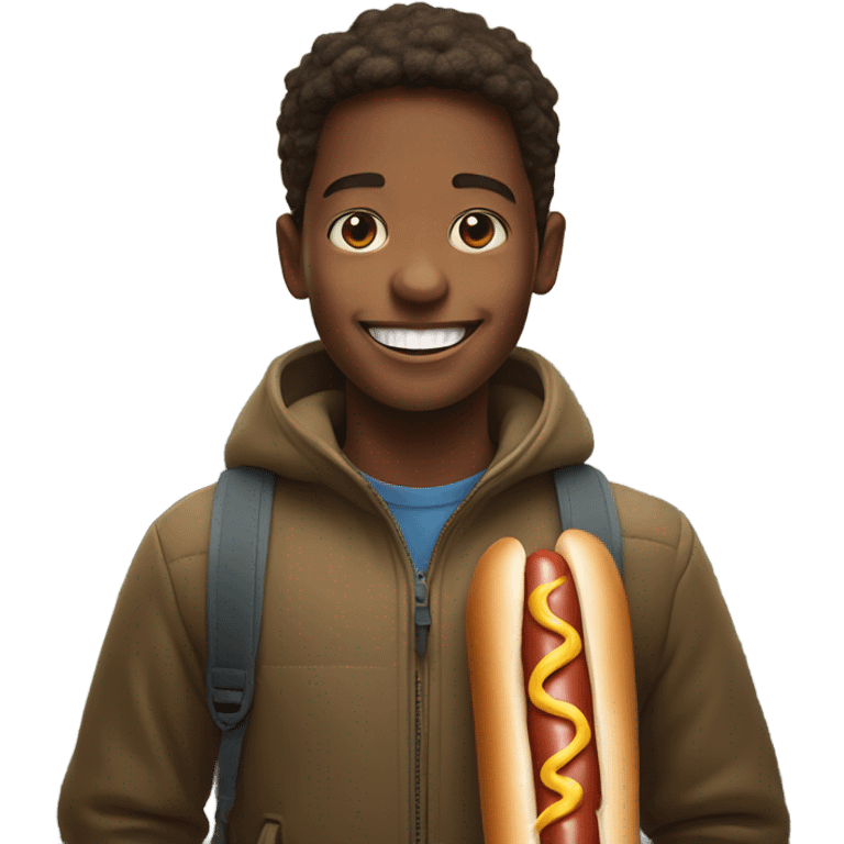 smiling boy in mountain portrait with hot dog emoji