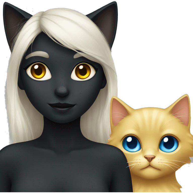 Black fluffy cat with yellow eyes and blond girl with blue eyes emoji