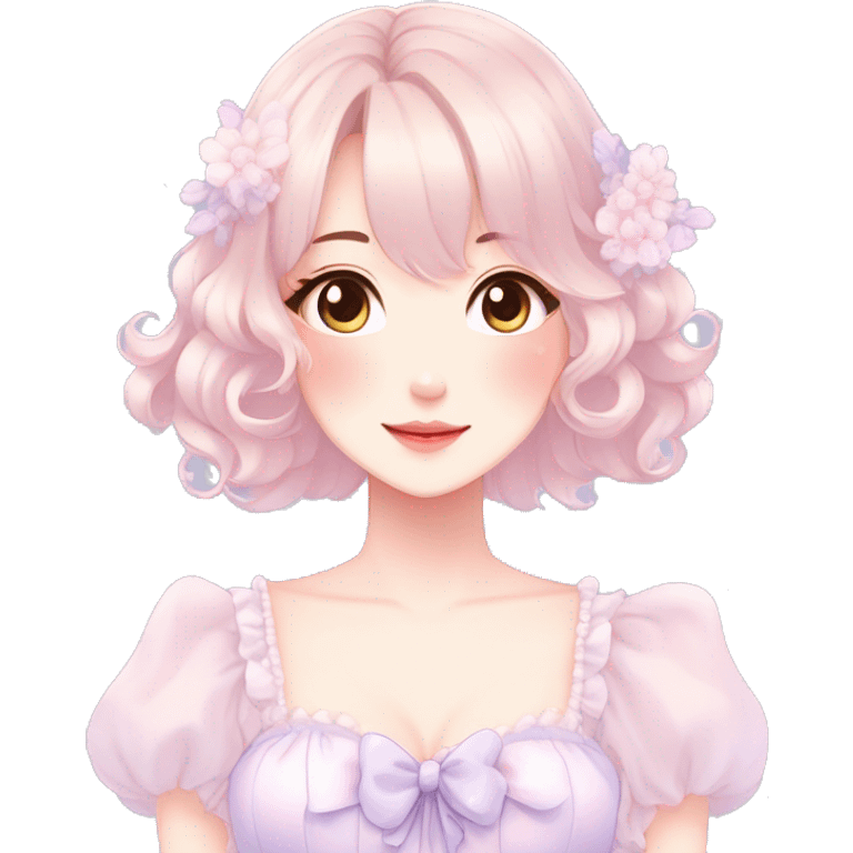 Gorgeous pastel anime style lady with blushing face and a dress cottagecore fairycore  Kawaii anime colorful pearly romantic simplistic aesthetic trending style emoji