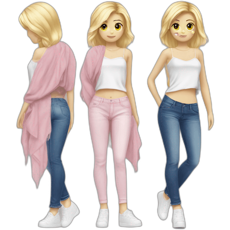 Fille cheveux blond long foncé peau blanche jeans noir pull tie n die rose emoji