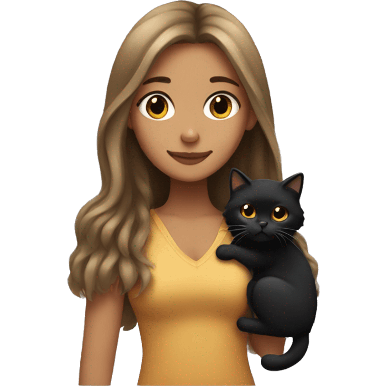 Tan girl with long hair holding a fluffy black cat emoji