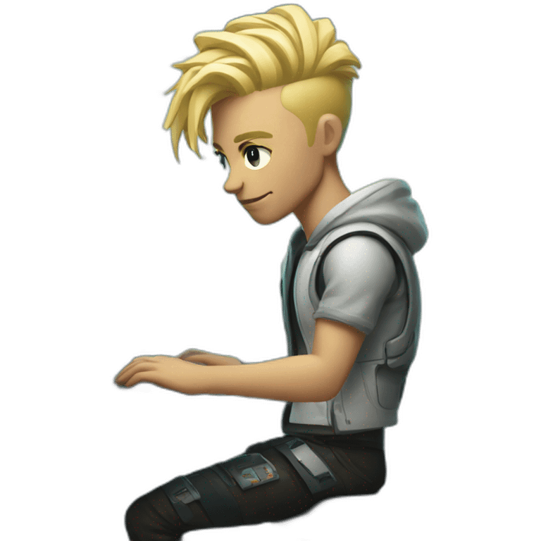 Blond man works at his computer in his cyberpunk room emoji