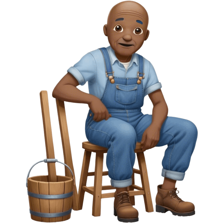 Old bald black man sitting on bucket stool overalls emoji