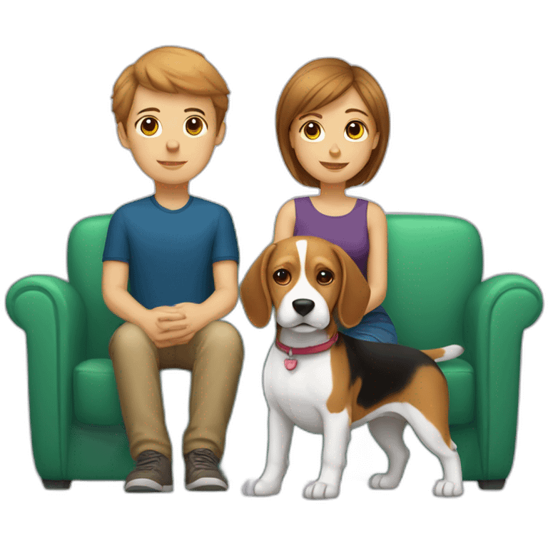 Brown hair White boy and girl and beagle Sit on couch emoji