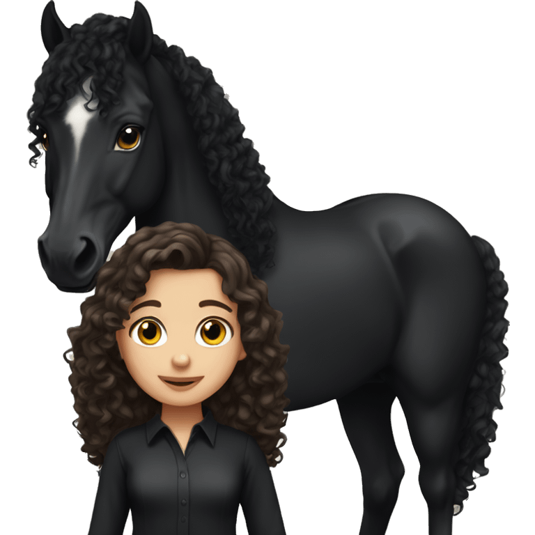 White girl, black shirt, long dark brunette curly hair, with  black arabian horse emoji