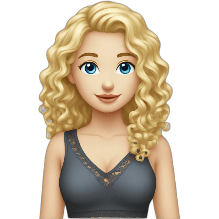 caucasian long curly blonde blue eyes girl v-neck laced top emoji