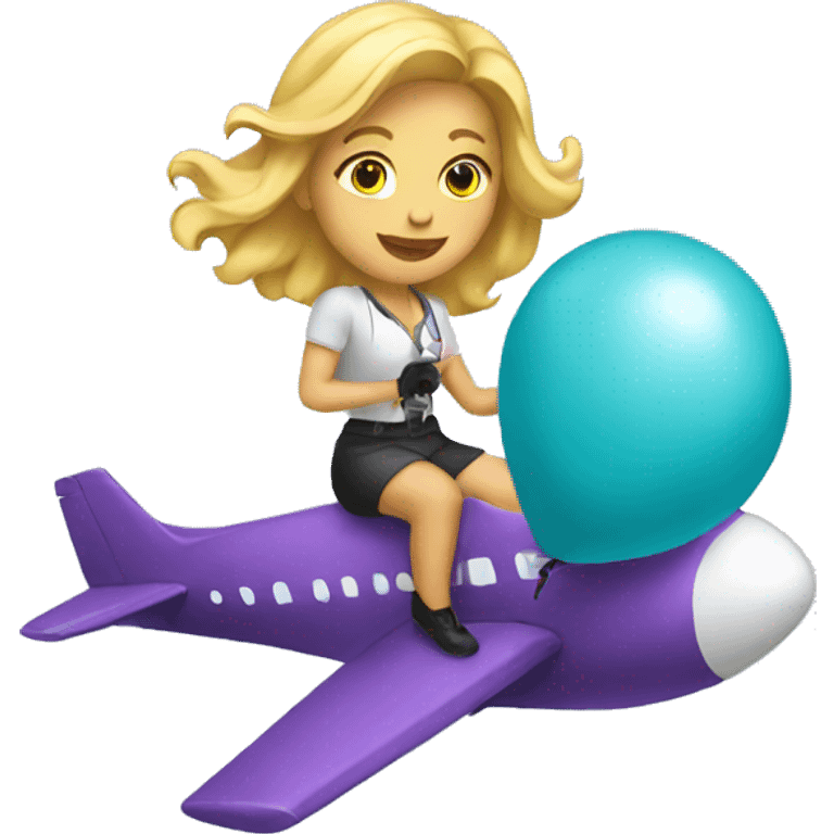 Woman with blonde hair holding a balloon riding on a plane emoji