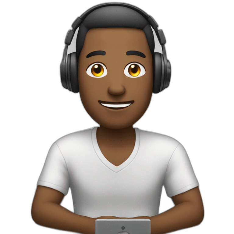 man with headphones sitting relaxed with a desk in front of him emoji