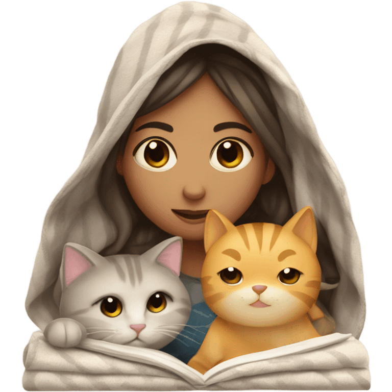 Girl with cat and journal cozy in blanket emoji