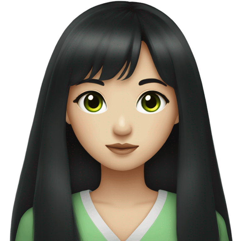 Beautiful girl,Black hair,long hair,Bang hair,Green eyes,Korean emoji