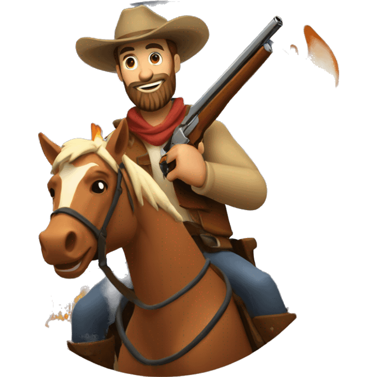 bearded man in cowboy hat riding on a horse in front of a campfire holding a shotgun emoji