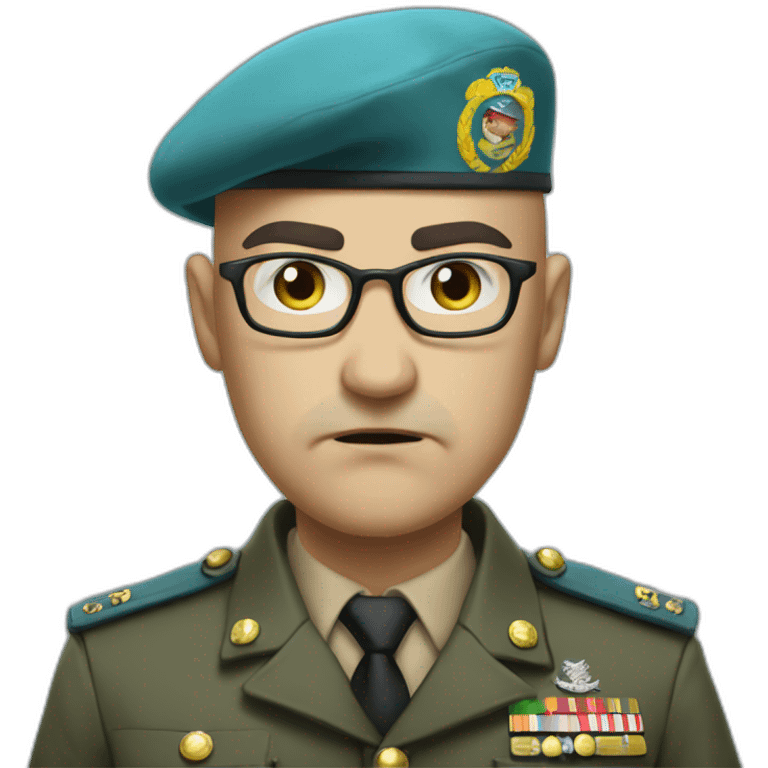 Realistic cyan beret bald very furious general with glasses no hair furious very angry frown with khaki uniform emoji