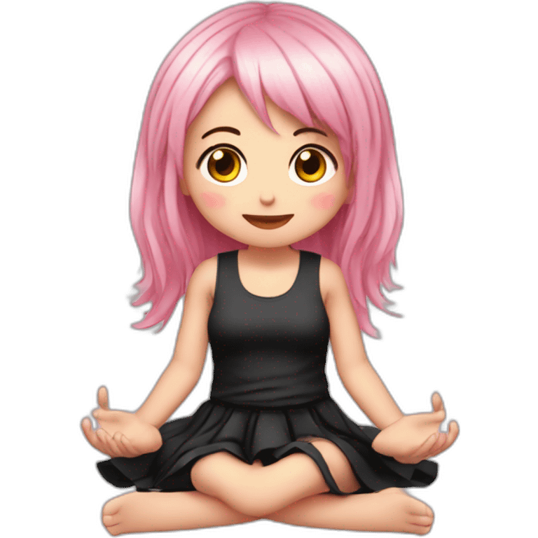 Full body Front view curvy emo girl pink hair sits on the floor straight view hands up black skirt белые трусики полосатые рваные чулки emoji