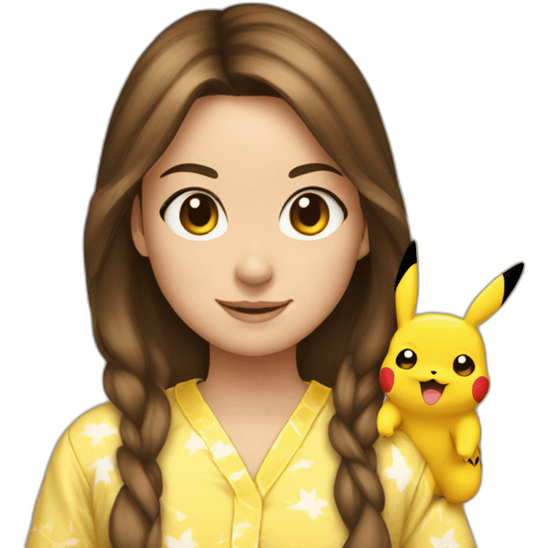 Brown hair white woman wearing pikachu pajama emoji