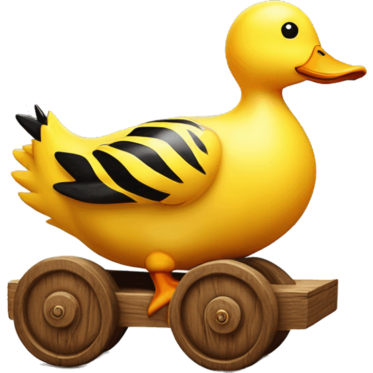 Big Yellow Duck with tiger stripes on wooden wheels like from the book janosh. Point of view from the side 90 degrees emoji