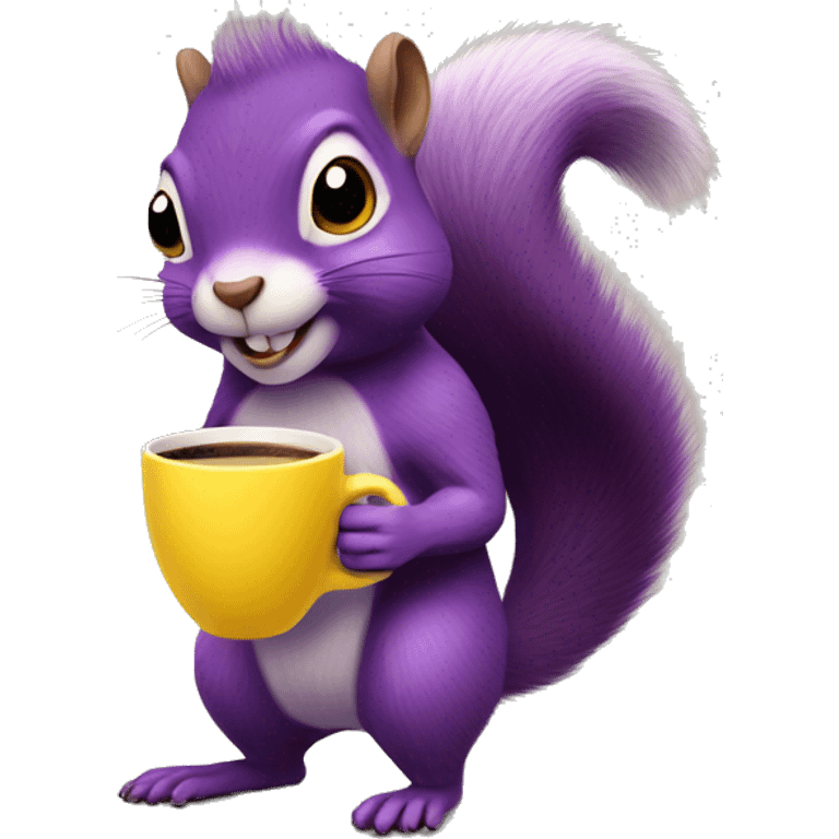 purple animated squirrel in a yellow dress with a large mug of coffee in its paws emoji