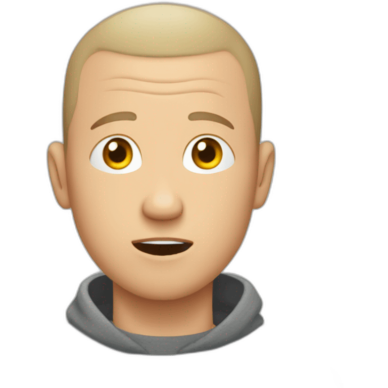 tired white man with buzz cut in gray sweatshirt is very very very scared emoji