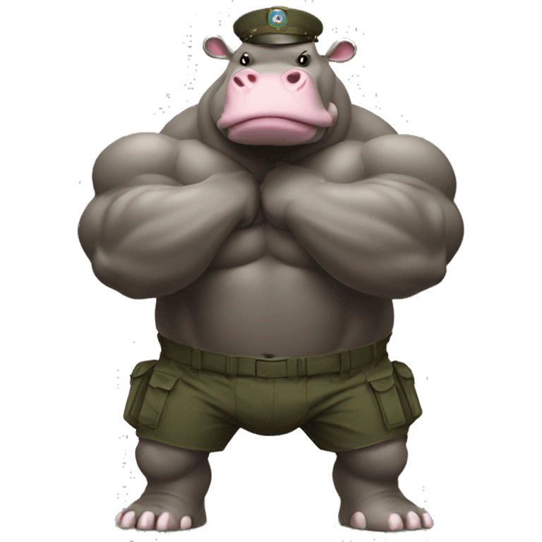 very strong and muscular hippo flexing with army fatigue emoji