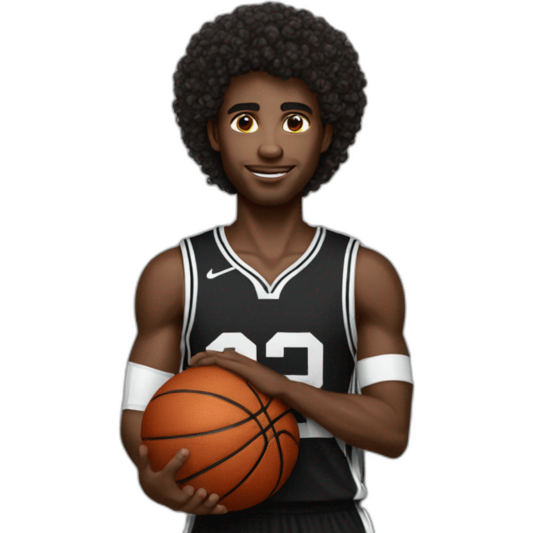 black basketball player holding the notebook wearing black and white jersey number 2 curly hair and handband emoji