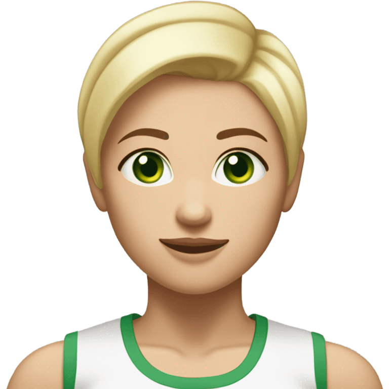 Short white woman with green eyes, short blonde hair with a mole under her bottom lip wearing workout clothes and being strong ￼ emoji