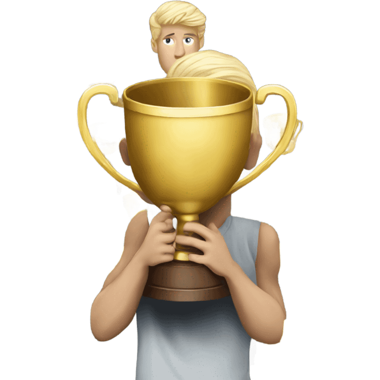 Blond man holding a trophy in each hand emoji