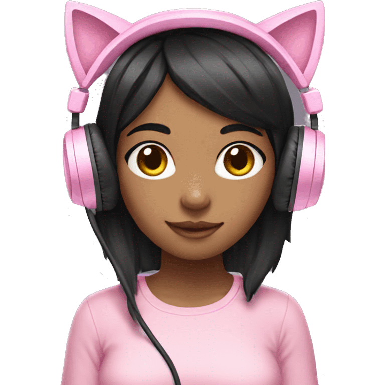 Black hair girl with pastel pink gaming headset that has cat ears  emoji