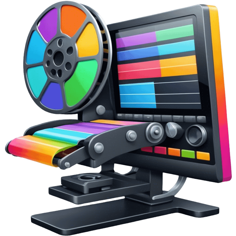 Create a vibrant and modern icon representing Animation and Motion Design, featuring elements like a film reel, a computer screen, dynamic motion lines, and a cinematographic film strip on an editing table. The design should be colorful, and dynamic, without any emojis. The background's transparent. emoji