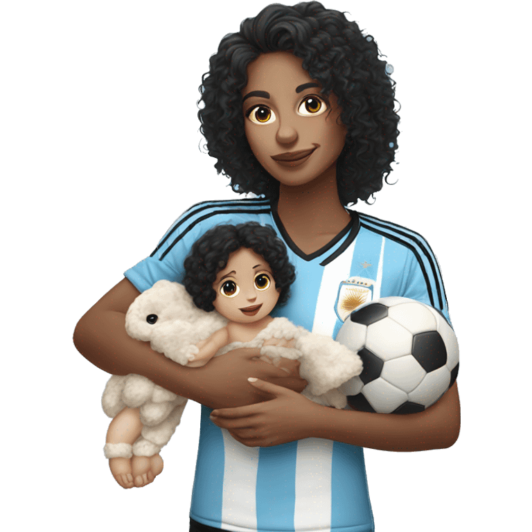 Girl with long black curly hair wearing Argentina jersey holding a baby  emoji