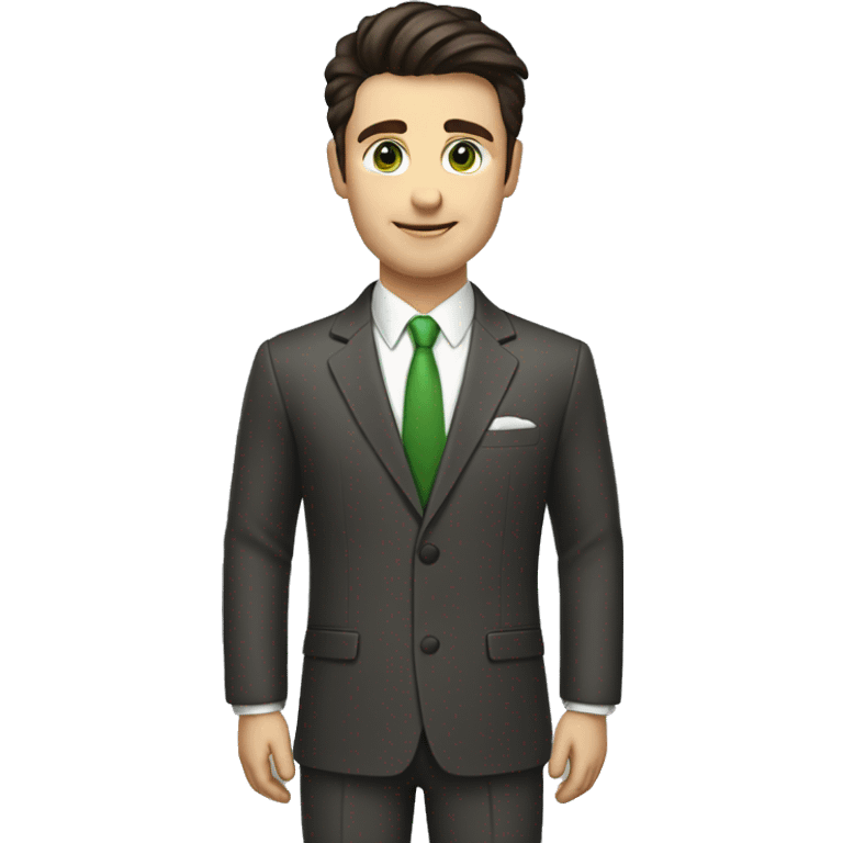 man with the following characteristics: Short, dark brown hair with a minimal quiff, green eyes, Friendly and approachable expression. He dress a suit emoji