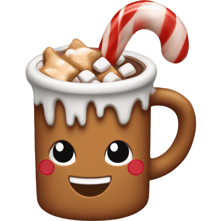 A gingerbread mug filled with hot cocoa and a candy cane with toasted marshmallows emoji