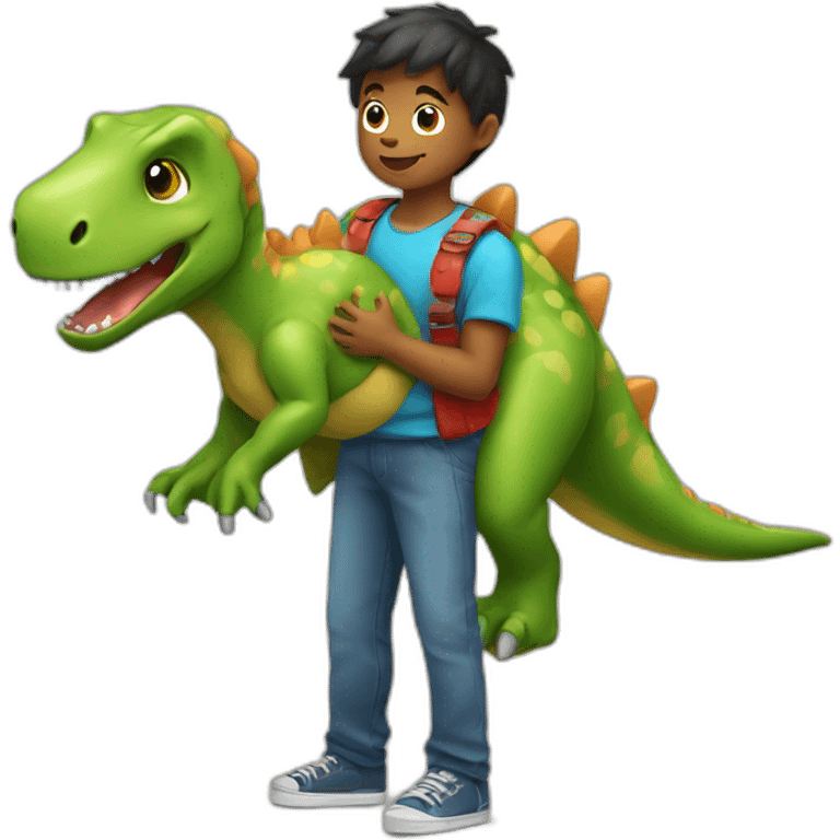 Kid hugging a dinosaur toy in his chest emoji